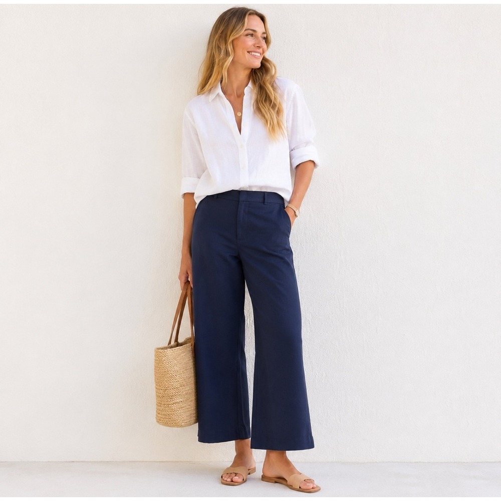 Lauren Ralph Lauren Navy Blue Linen Wide Leg Pants Trousers Lined Women's 14W